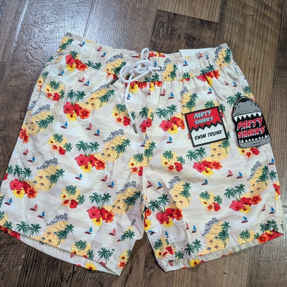 Party Sharks Swim Trunks Mens LARGE Wheat NWT Floral Coast Tropical 6.5" Inseam